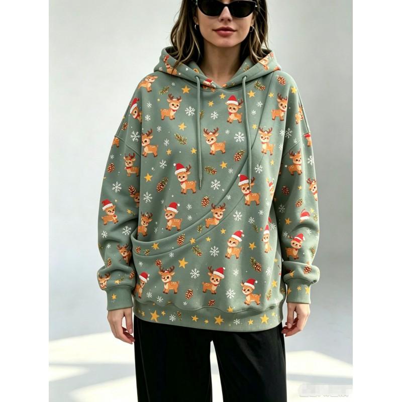 Womens Oversized Christmas Hoodie With 3D Print Loose Fit Large Slant Pockets Long Sleeve Holiday Party Casual Wear