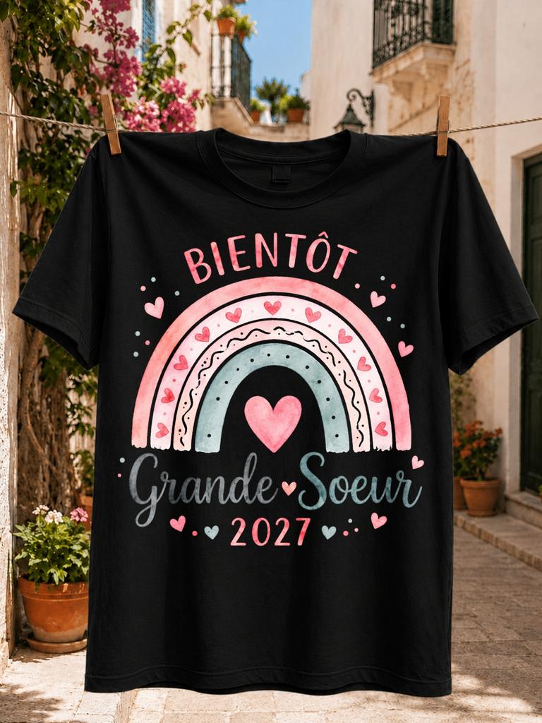 Bientot Grande Soeur 2027 French Future Big Sister Quote With Pink Blue Rainbow Heart And Sweet Unisex All Tshirt
