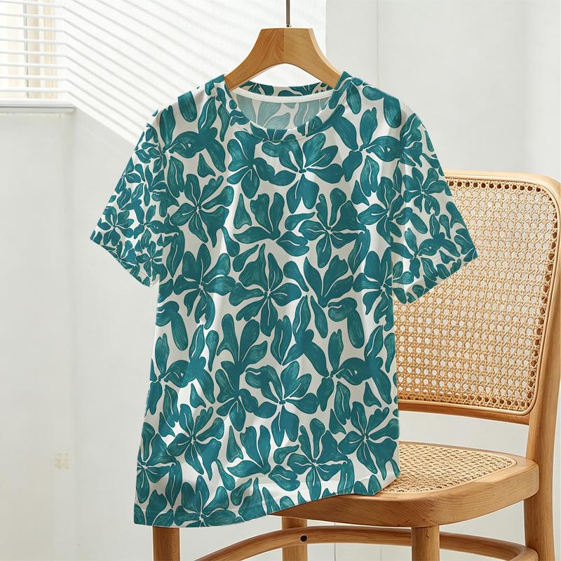 Plus Size Women's Relaxed Floral T-Shirt Soft Casual Short Sleeve for Daily, Loungewear & Office Wear