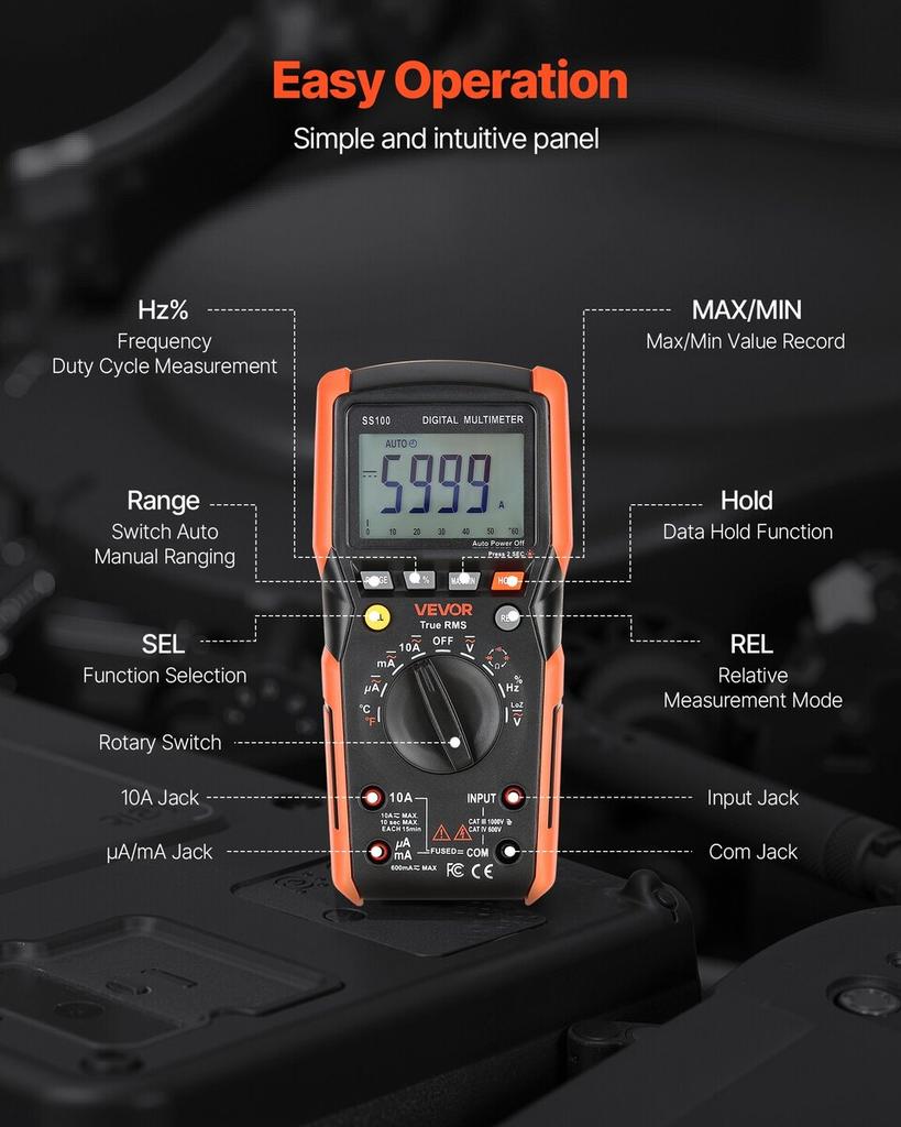 Digital Multimeter, 6000-Count TRMS DC/AC Voltmeter Current Tester, Auto-Ranging Multimeter for Current Voltage Resistance Capacitance Temperature