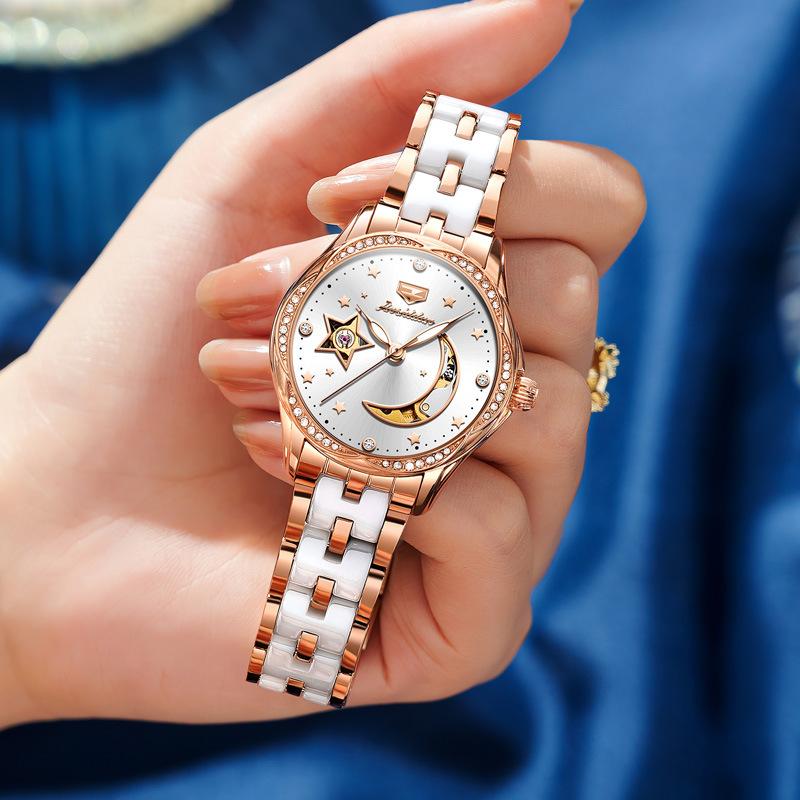 JINSHIDUN брендовые автоматические механические часы Star Moon Hollow, модные механические женские часы, женские часы
