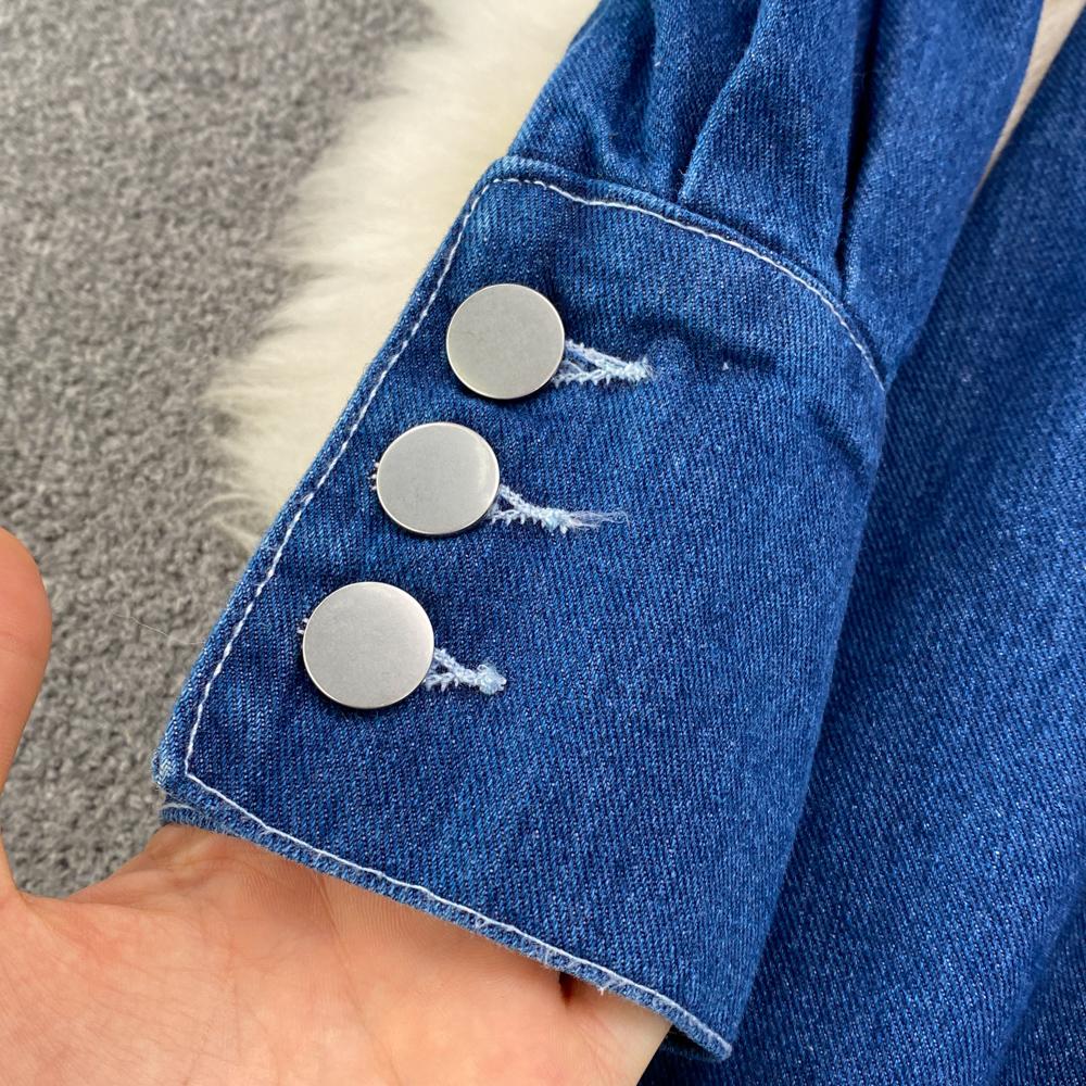 RUGOD Весеннее и осеннее джинсовое платье трапециевидной формы с воротником на талии и талией. Элегантное длинное платье.