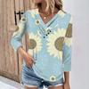 Womens 3/4 Sleeve Daily Weekend V Neck Casual Printed Tshirts Loose Fit Pleated Tees Ladies Blouse