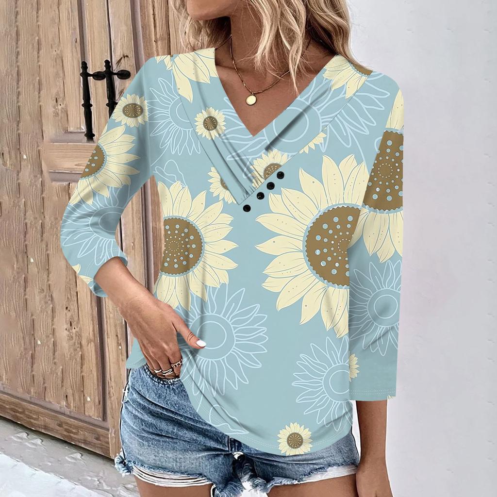 Womens 3/4 Sleeve Daily Weekend V Neck Casual Printed Tshirts Loose Fit Pleated Tees Ladies Blouse