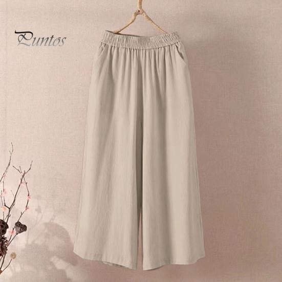 Женские укороченные брюки с эластичной резинкой на талии, широкие брюки со средней посадкой и карманами, однотонные свободные повседневные брюки