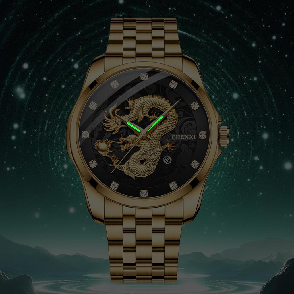 Dragon Watch Stainless Steel Luminous Analog Calendar Dragon Quartz Watch Antique 3ATM Waterproof Fashion Accessories Gold Birthday Anniversary