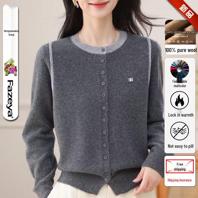Women's Round Neck Contrast Color Wool Knit Cardigan - Soft Hong Kong Style Petite Sweater Jacket