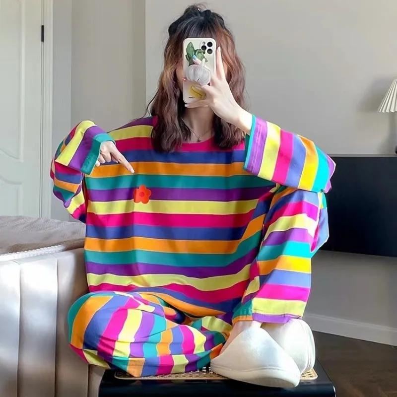 Long Sleeved Pajamas Set Women Autumn Student Girls Rainbow Loungewear Can Be Worn Outside Loose Clothes