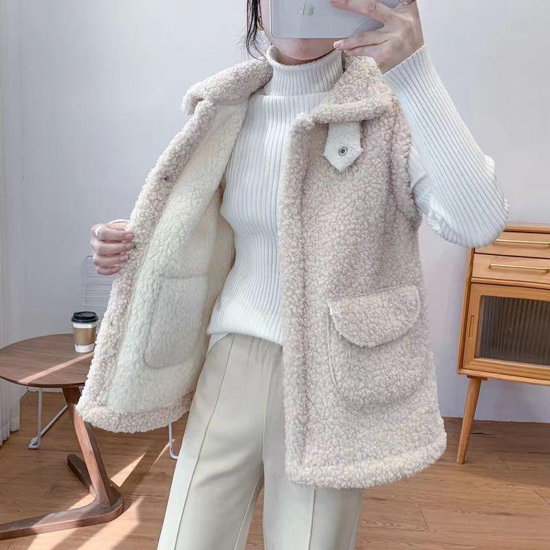 Зимний жилет, куртки из овечьей шерсти, утолщенный теплый жилет, женский отложной воротник, скрытые карманы на пуговицах, верхняя одежда, пальто без рукавов