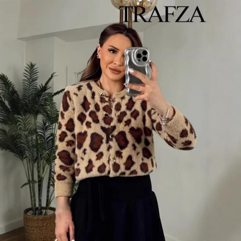 Womens Round Neck Animal Print Faux Fur Knit Coat Streetwear