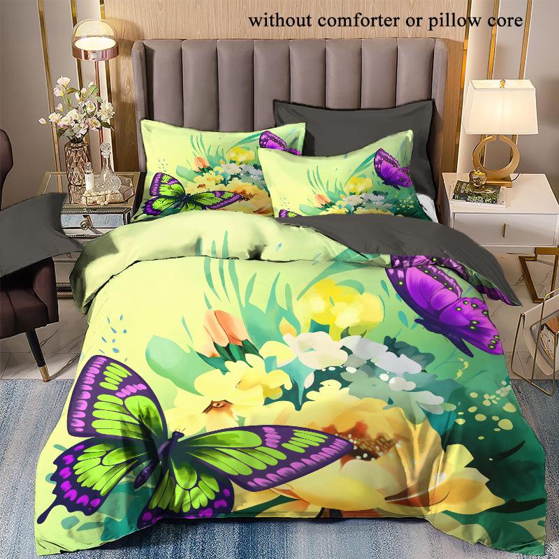 3D Digital Printing Butterfly Flower Three-Piece Bedding Quilt Cover, Direct Sales