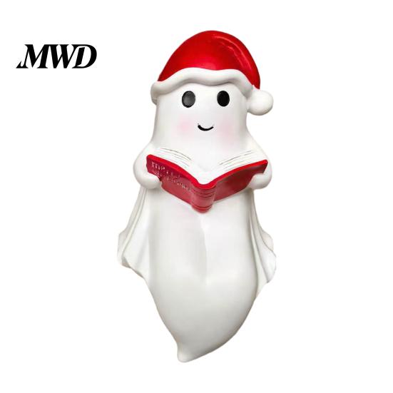 Festive Window Sill Decorations Cute Ghost Reading Book Lamp, Christmas Resin Figurine with Santa Hat, Decorative Lights for Holidays Warm Lighted