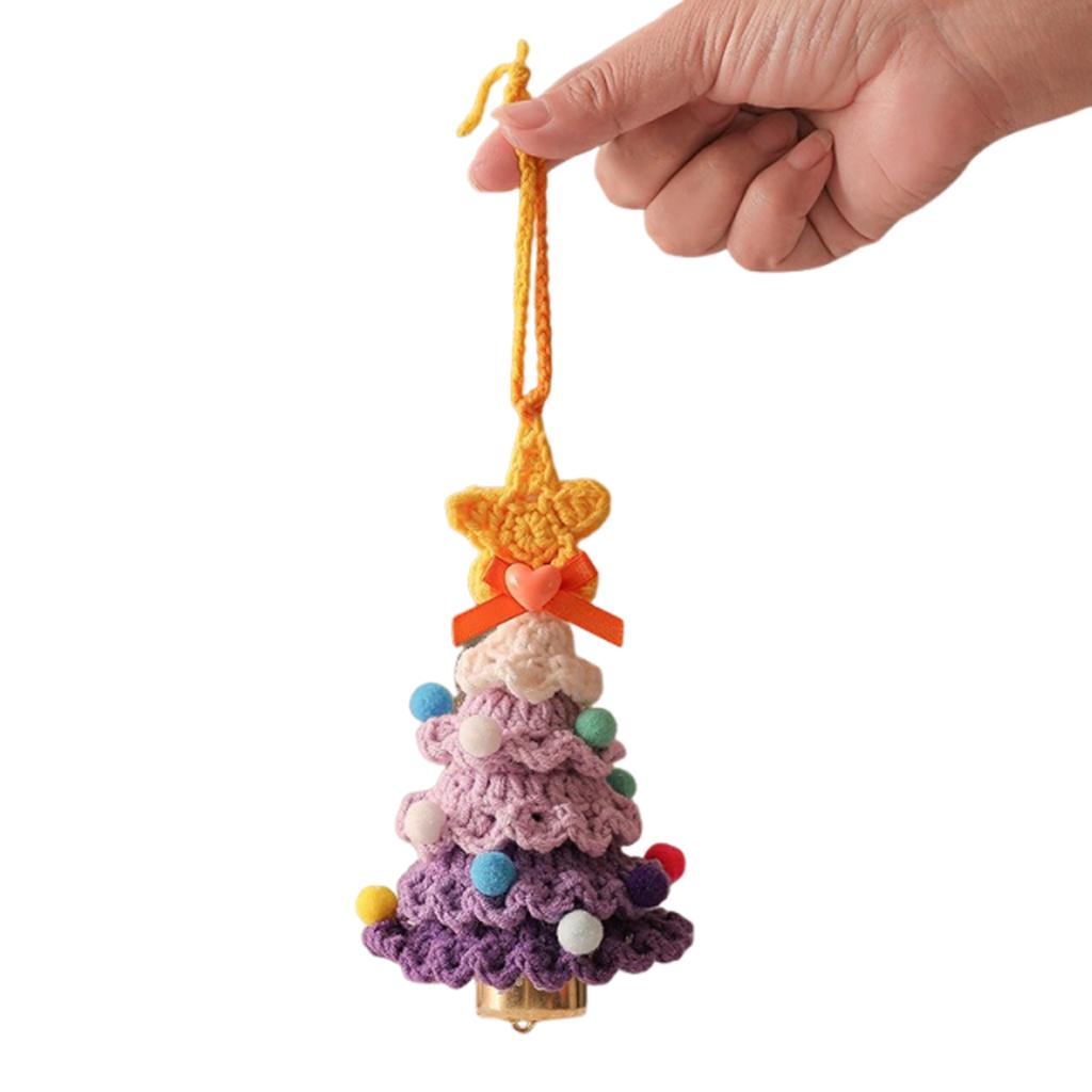 Knitted Plush Christmas Tree with Jingle Bell Handmade Crochet Christmas Hanging Pendant Wool Xmas Tree for New Year Party Decor