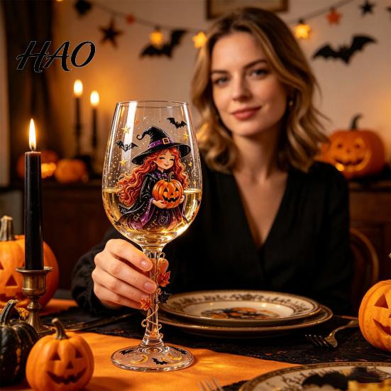 Handmade Borosilicate Glassware Halloween Wine Glass, Spooky Ghost Cat Witch Pumpkin Drinking Glass for Funny Novelty Gift Wines, Cocktails, Spirits,