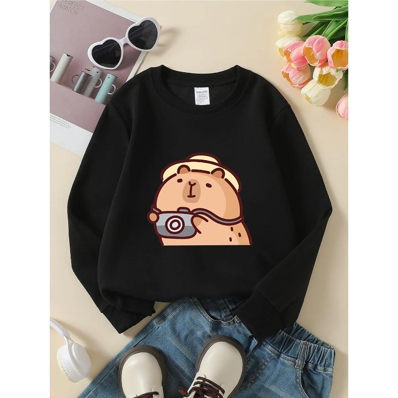 European sizes Girls' Crewneck Sweatshirt - Cute Bear with Camera Hat, Sportswear And Casual Wear, Soft And Comfortable