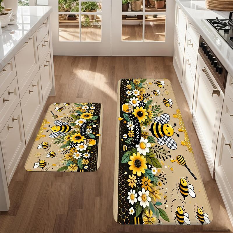 Daisy Sunflower Kitchen Runner Rug, Floral Bee Long Carpet for Restaurant, Non-Slip Floor Mat for Porch and Entrance