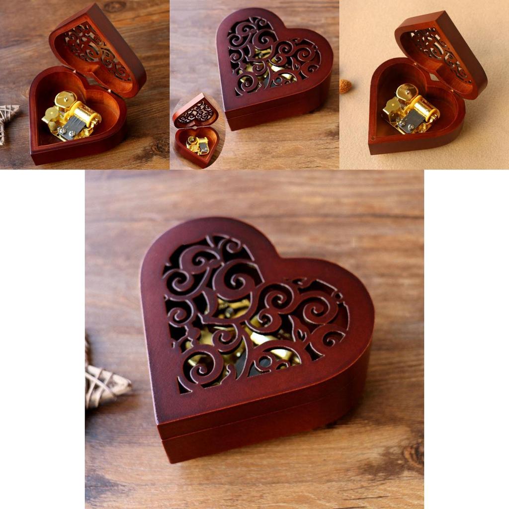 Очаровательная прямоугольная музыкальная шкатулка из дерева с резьбой в виде сердца, заводная, с мелодичными мелодиями