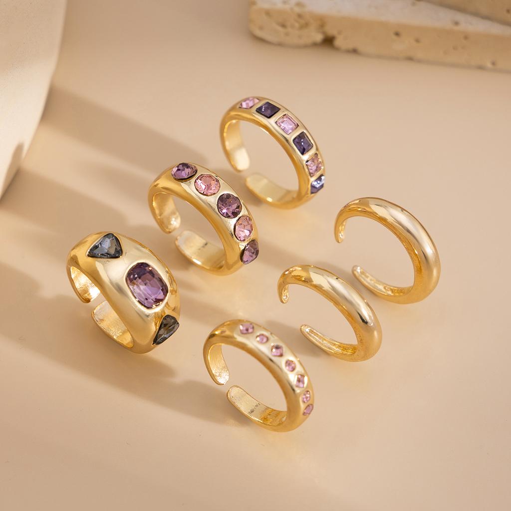 Salircon Exquisite 6Pcs/set Inlaid Purple zircon Adjustable Opening Ring Women Smooth Gold Color Ring Female Daily Jewelry Gift