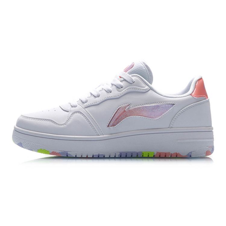 Li Ning Leather Classic Color Label Shock Absorbing Non-Slip Wear-Resistant Low-Top Casual Shoes Women Sneaker White Purple AGCP362-1
