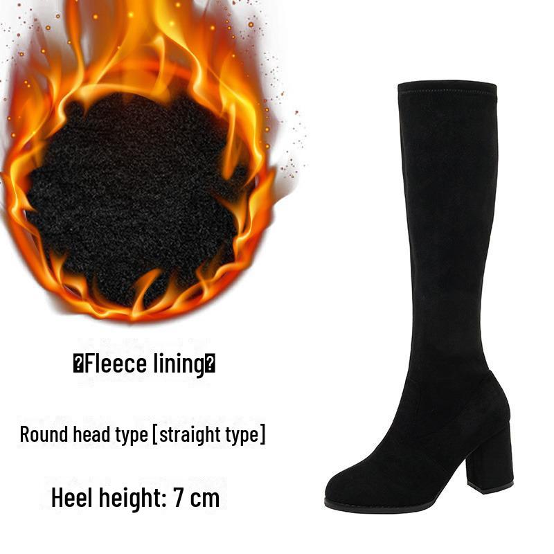 Женские сапоги из эластичной замши длиной до колена на высоком каблуке - Осень/Зима 2024 г. Длинные сапоги с круглым носком