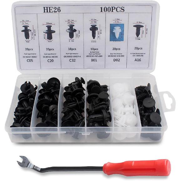 100 PCS Car Bumper Retainer Clips, Plastic Rivets Fasteners Kit with Removal Tool, Push Retainer Screws Rivets, Universal Auto Fastener Kit, for Set