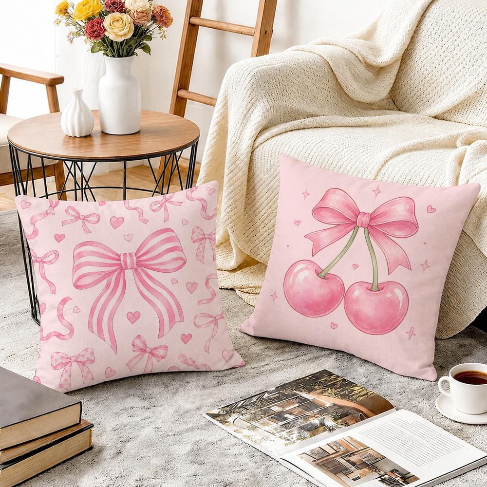 Pink Bow Cherry Pattern Cushion Cover Durable Hypoallergenic Organic Linen Pillow Cover Short Size Washable SkinFriendly