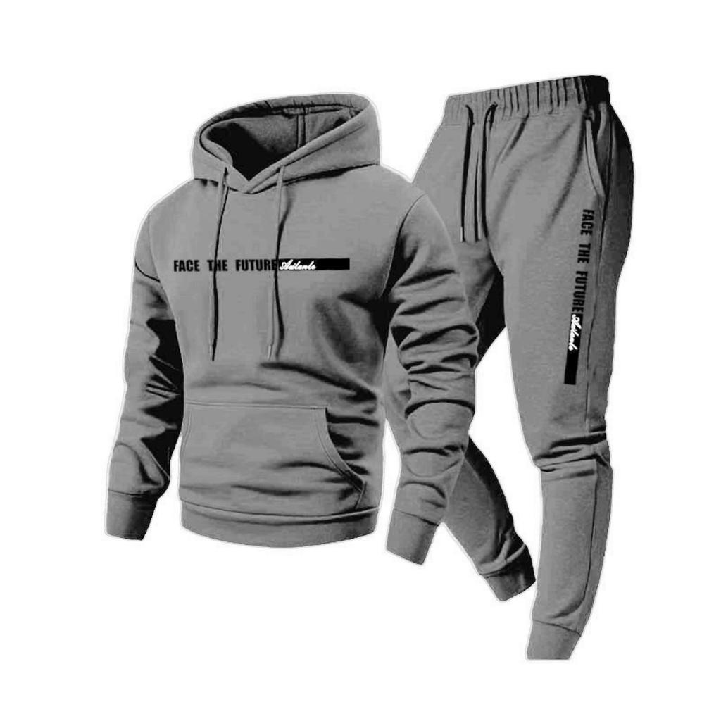 Men's Casual Solid Color Letter-printed Sweatshirt Set, Men's Fleece Hooded Drawstring Sweatshirt And Sweatpants Two-piece Set