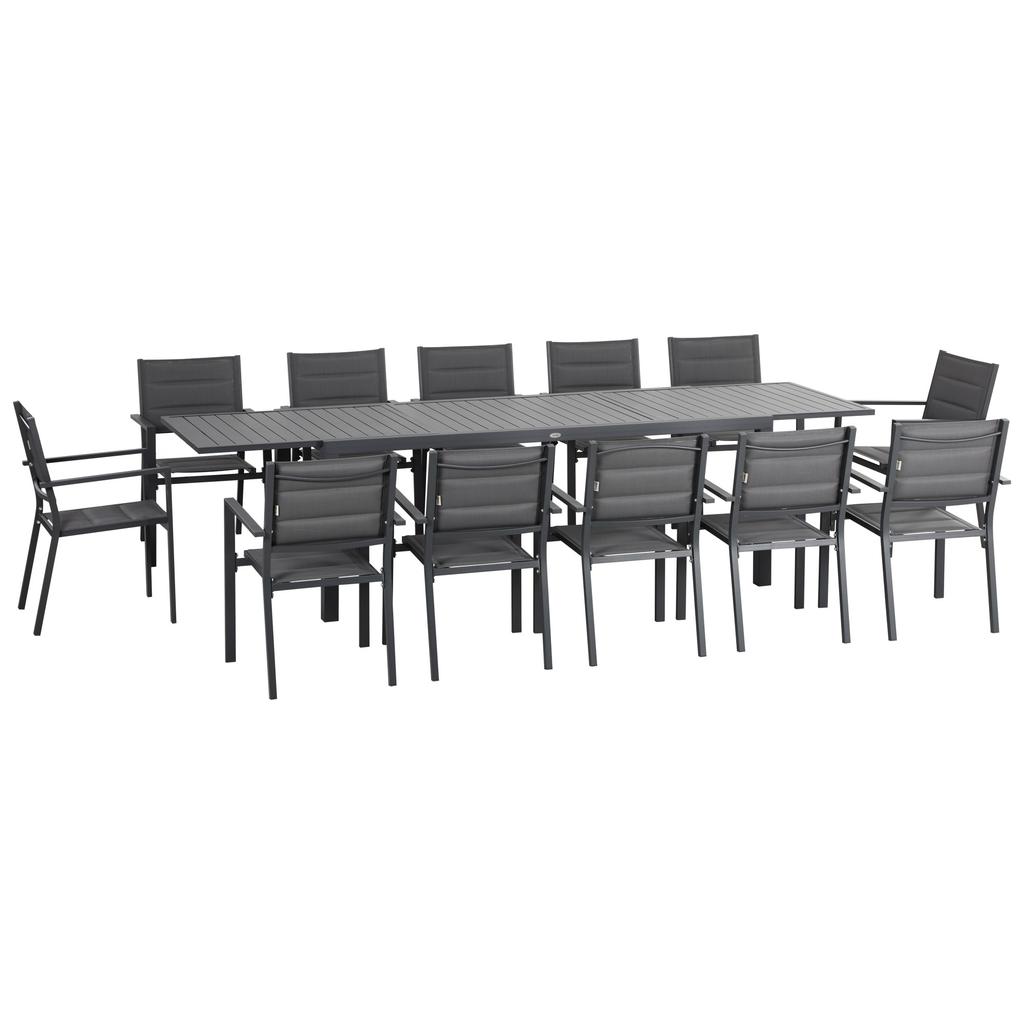 Garden Furniture Set in Aluminium and Textilene Extendable Table 8/12 People 12 Stackable Chairs Grey
