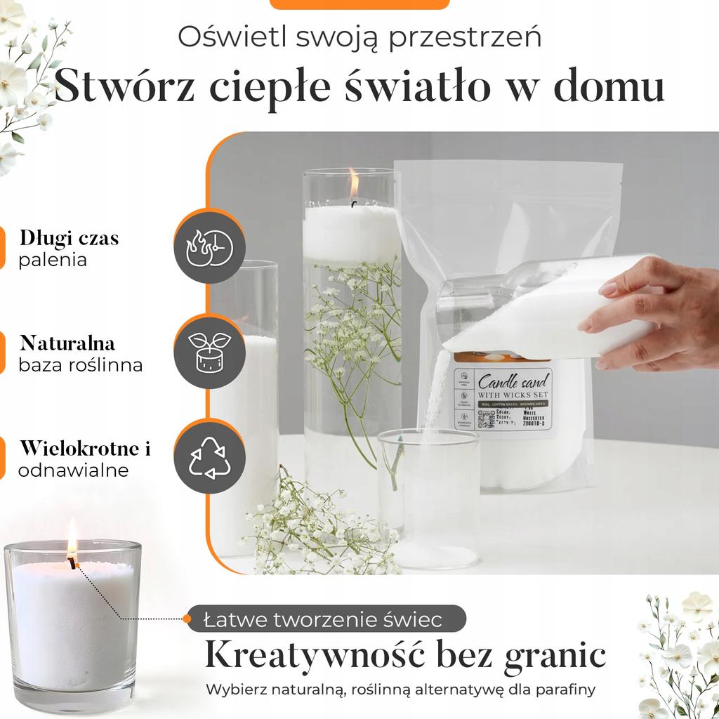 Świece sypane 1kg+bawełniane knoty+drewniane knoty+olejek zapachowy lawenda