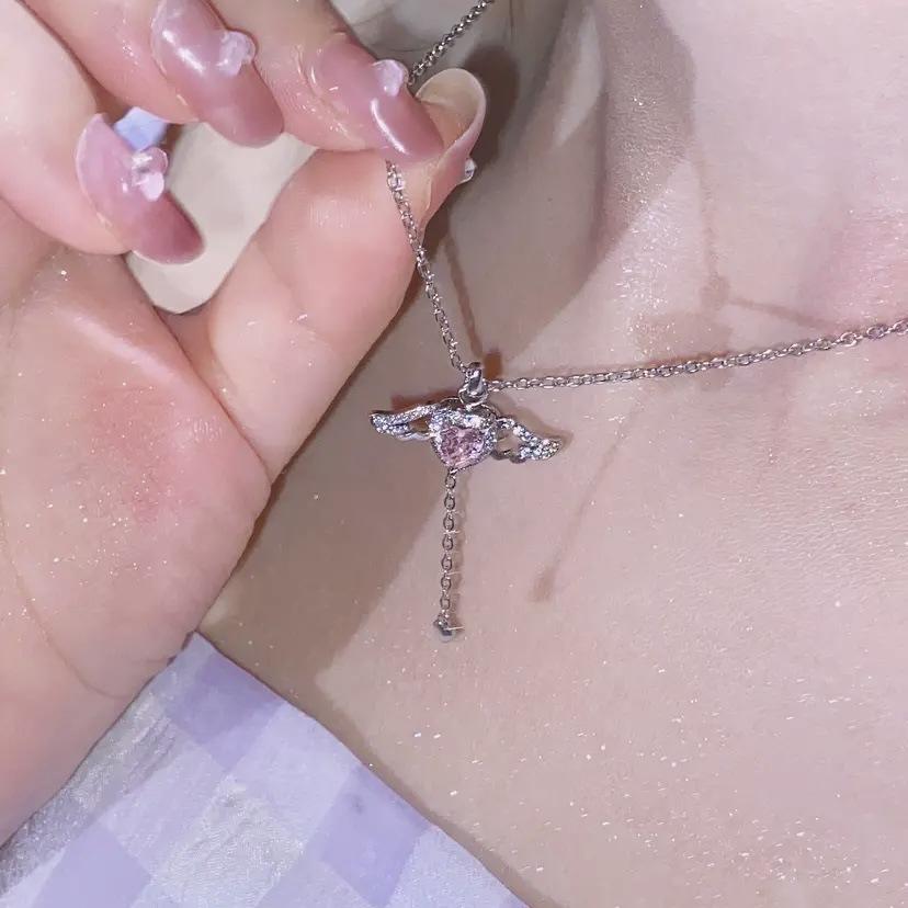 Cupid Heart Necklace Female Pink Diamond Zircon Romantic Love Collarbone Chain Qixi Festival Gift For Girlfriend
