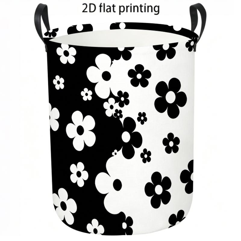 1pc Laundry Basket, Black and White Floral Pattern Casual Dirty Clothes Hamper, Foldable Aesthetic Storage Organizer with Handles, Home Organization E