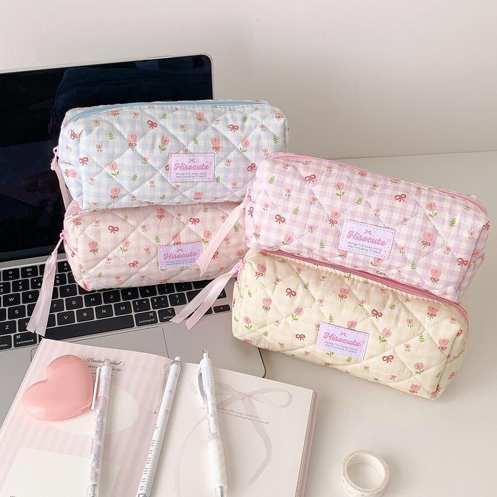 Bow Quilted Pencil Pouch Y2k Flower Pencil Case Desktop Storage Cloth Stationery Bag Student