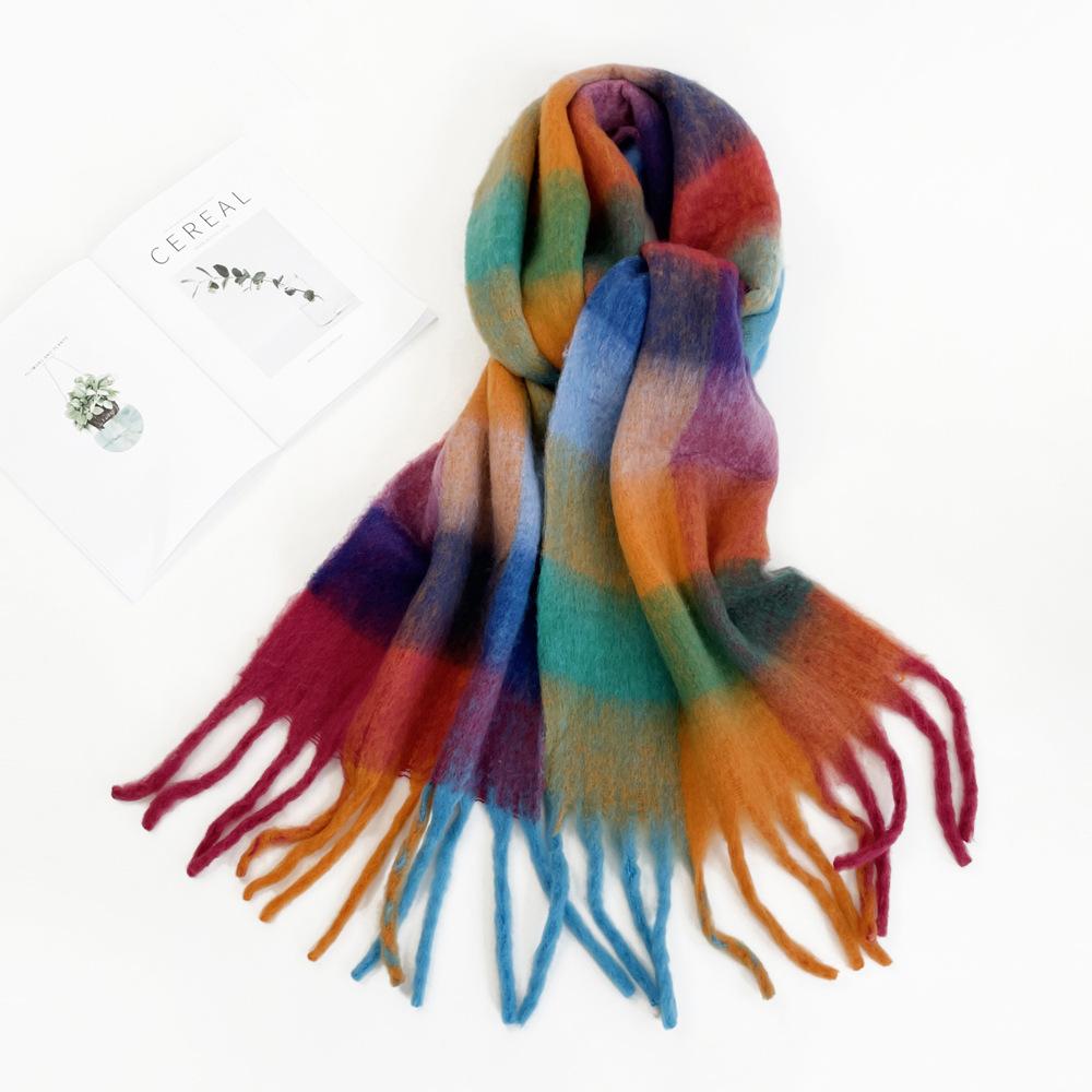 Winter New Couple's Colorful Checkered Scarf for Women's Winter Warmth Thick Mohair Long Scarf Shawl