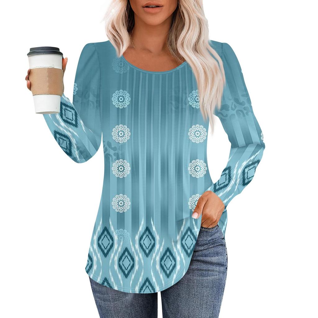 Рубашки с длинным рукавом для женщин, топы, нарядные повседневные блузки, плиссированные топы-туники с круглым вырезом
