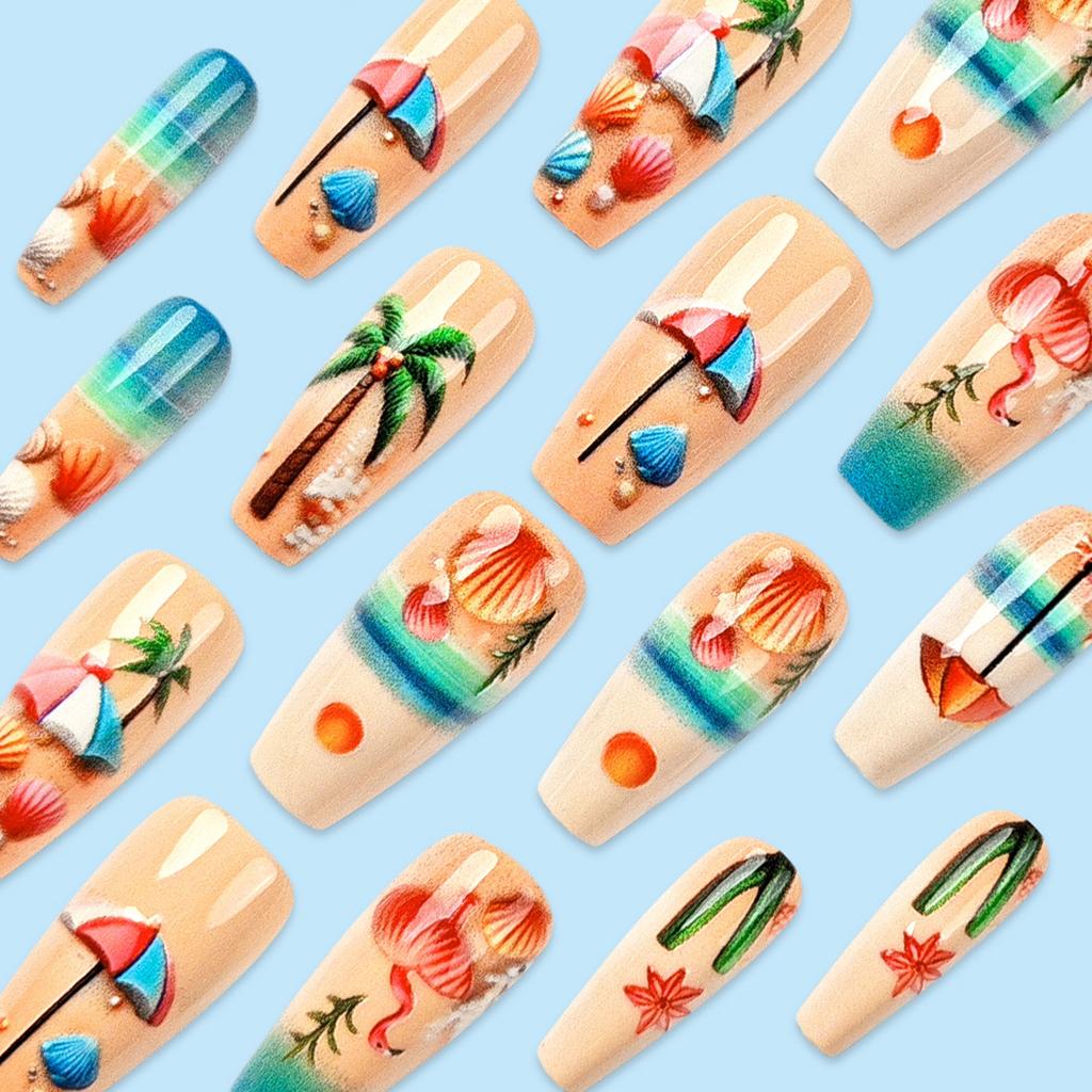 24 Pieces 3D Beach Press On Nail Medium Ballet Summer False Nail French Nail Art Tips Stick On Acrylic Nail for Women