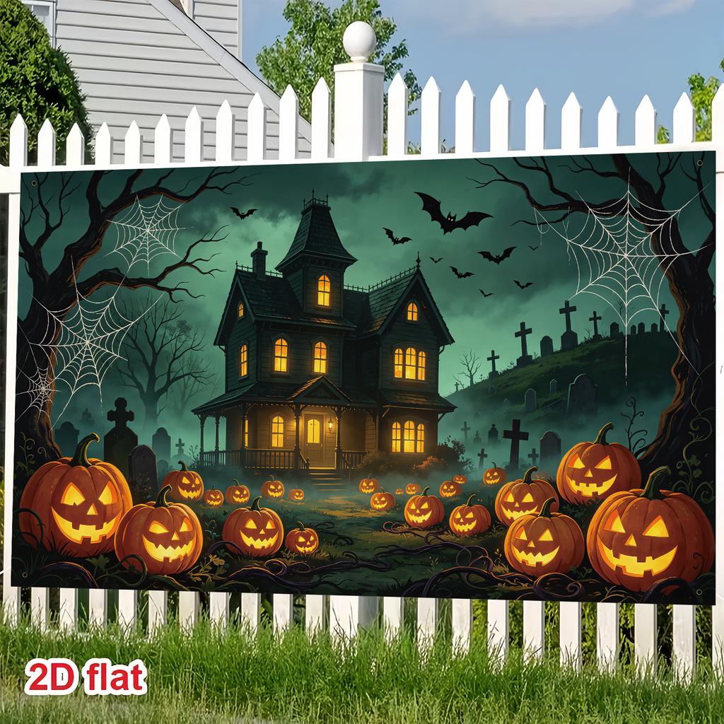 1 2D flat banner classic Halloween themed decorative background cloth Victorian style haunted house pattern design
