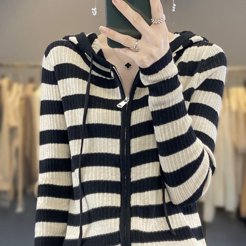 Black & White Stripe Wool Hooded Cardigan for Women - Korean Style, Long Sleeve, Autumn/Winter Outerwear