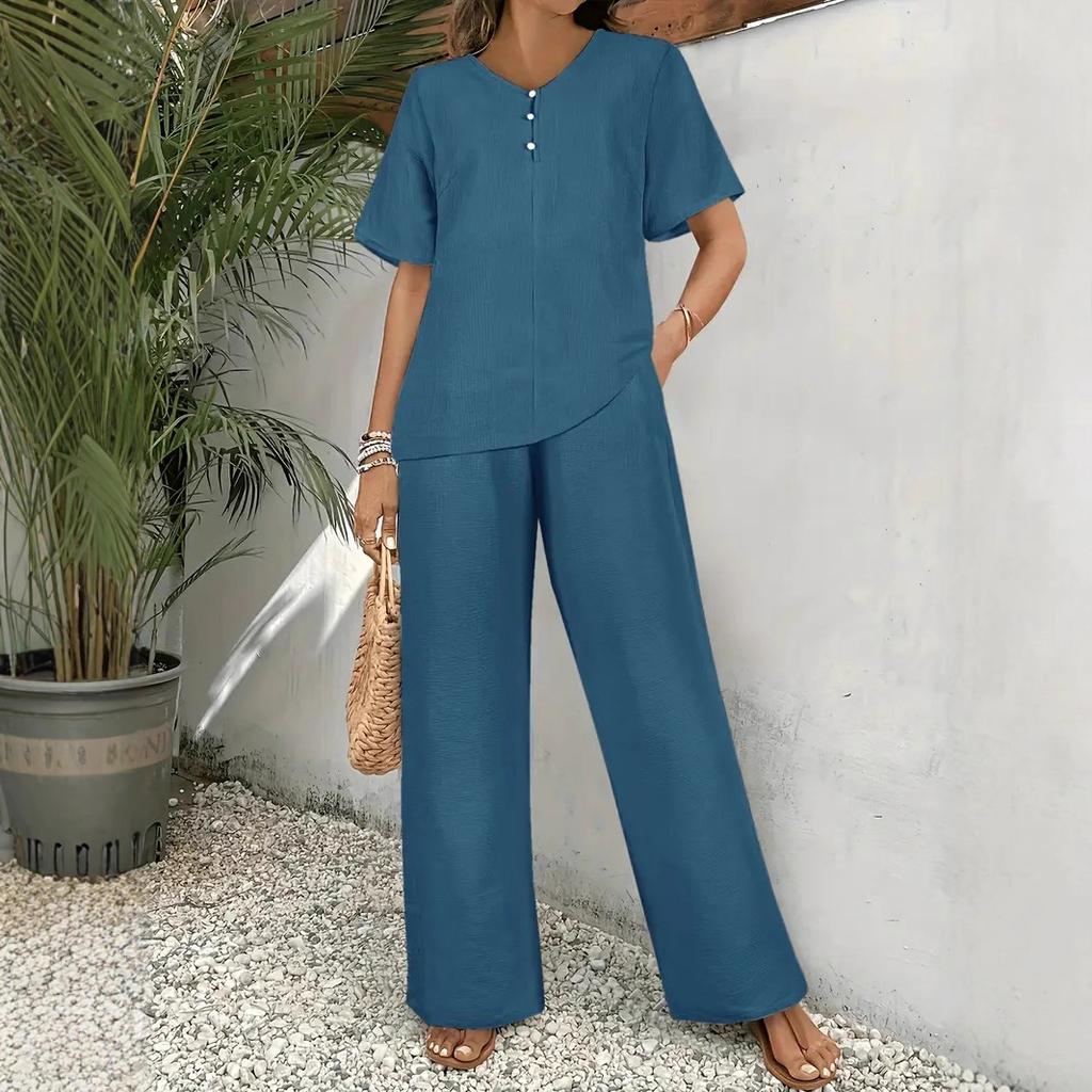 Fashionable V-neck Pullover, Stylish and Slimming Short-sleeved Top, Casual Long Pants Set