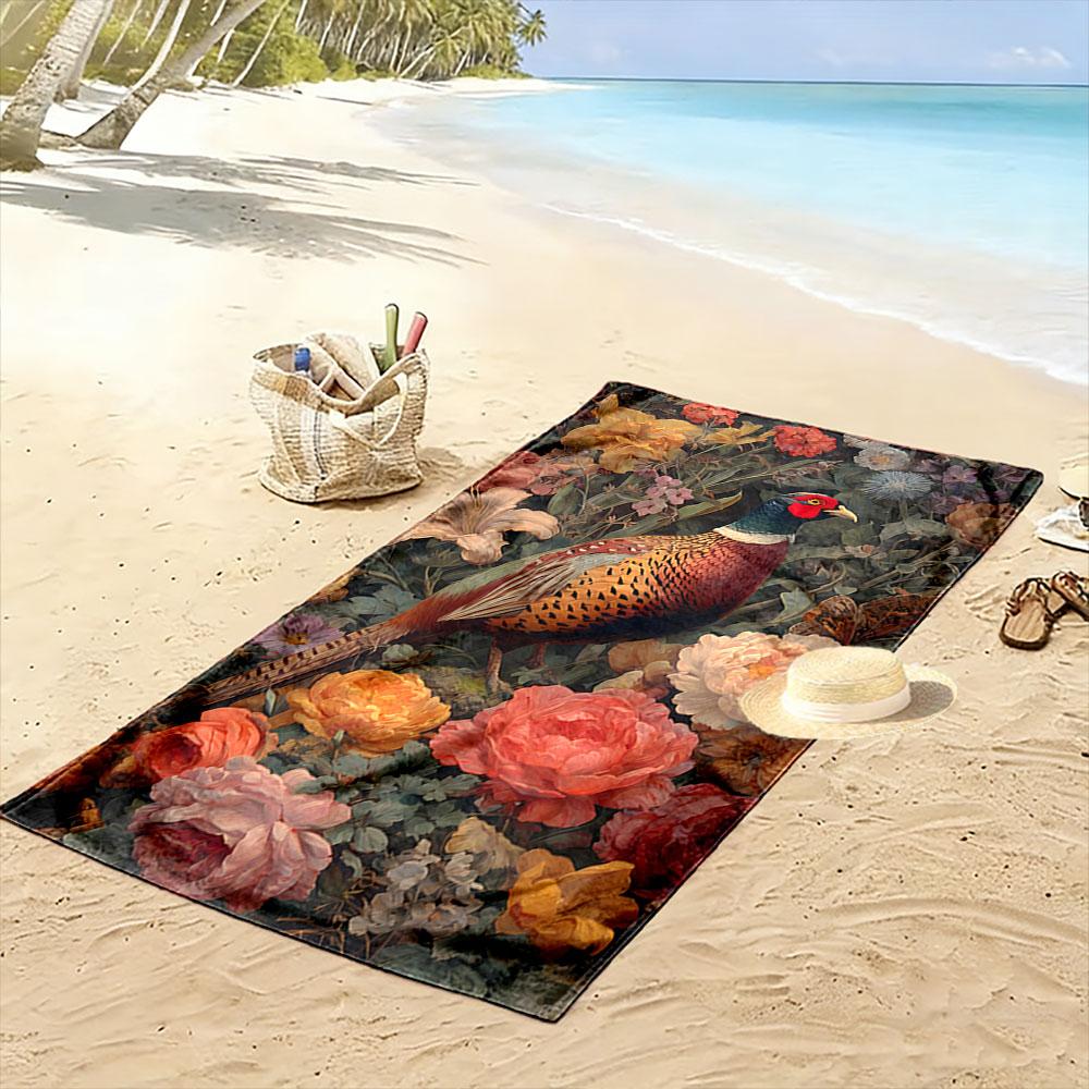 Graceful pheasant amidst blossoms Print beach towel, quick drying, suitable for travel, outdoor sports, jogging, the beach and swimming, gift