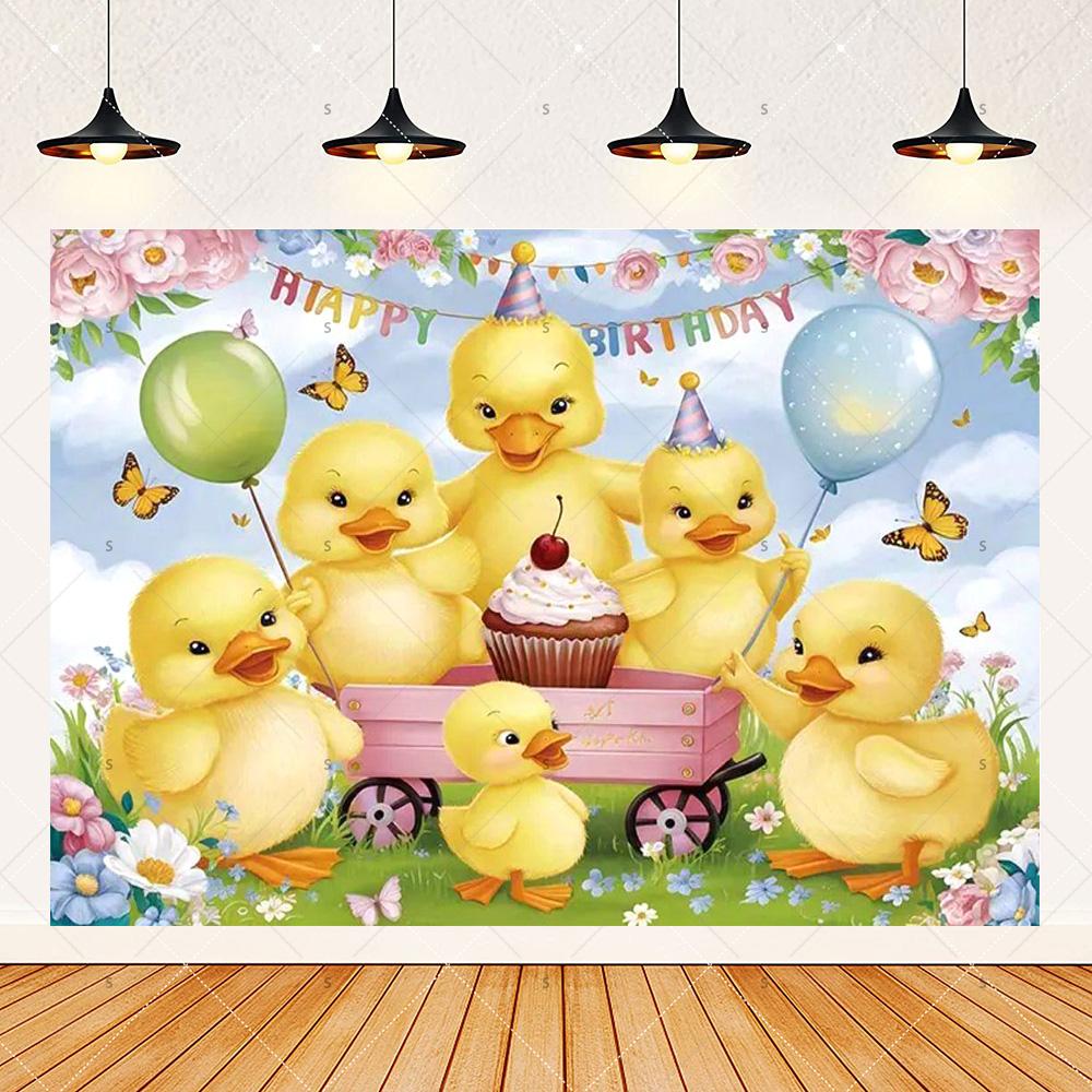 Cute Yellow Duck Theme Background Banner Kids Birthday Party Decorations Photography Backdrop Cartoon Baby Shower Supplies Props