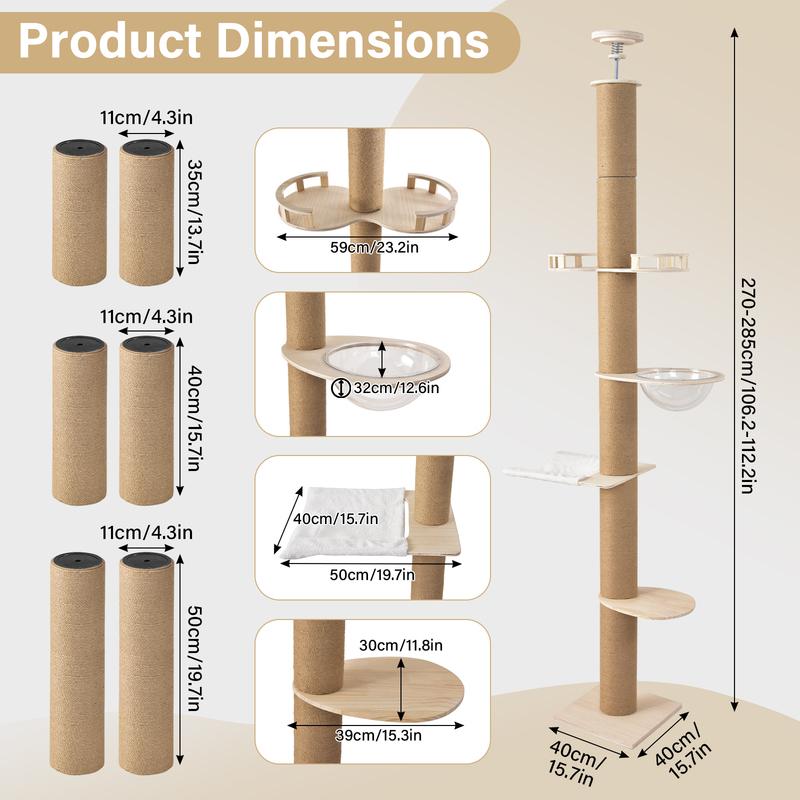 Floor to Ceiling Cat Tree 102-104 in Adjustable Height, Solid Wood Multi-Level Cat Tower with Scratch Post and Hammock for Large Indoor Cats