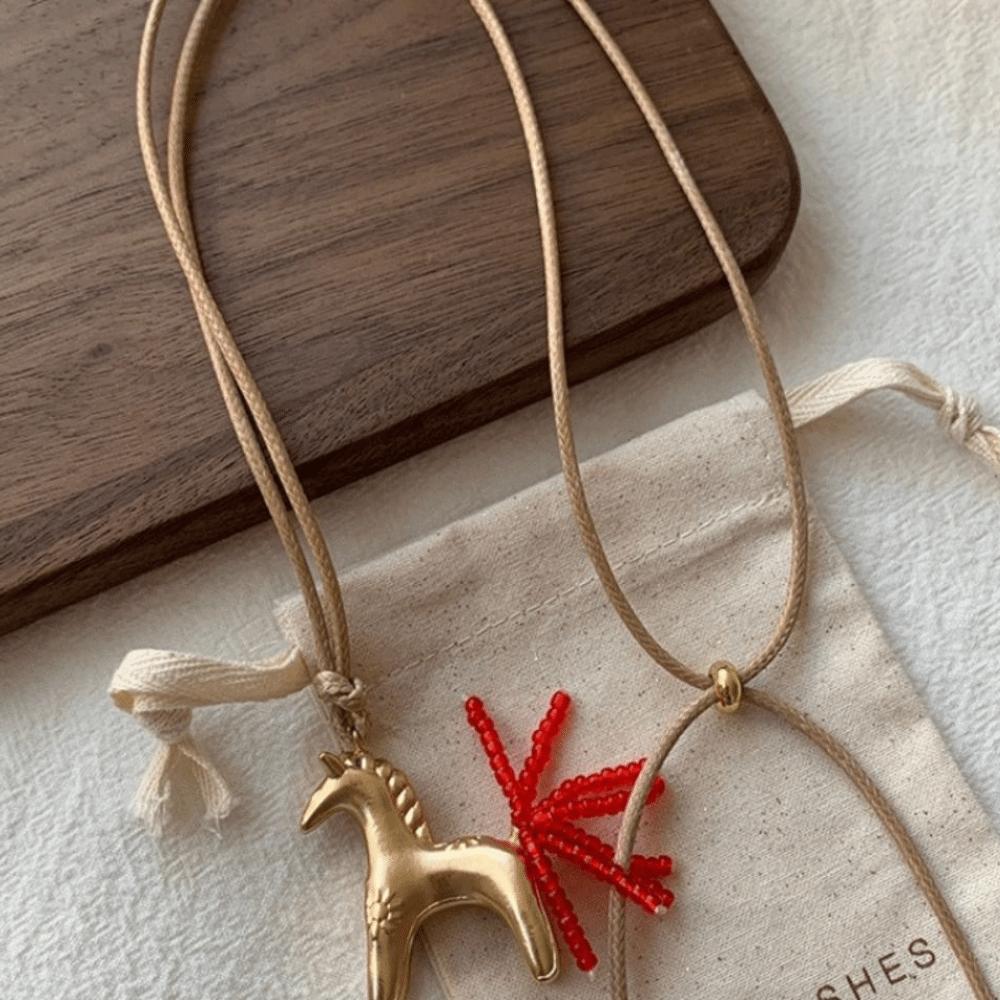 Sweater Chain Wax Rope Necklace Long PU Leather Necklace Pony Pendant Necklace  Horse Year Gift