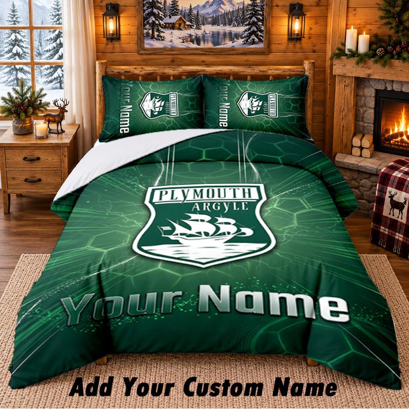 Plymouth Argyle FC Pattern Bedding 3Pcs Set Custom Name, Bed Sheet And Pillowcases For Home Bedroom