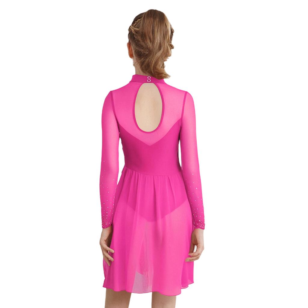 Платье для фигурного катания для девочек, сетчатые длинные рукава, воротник-стойка, вырез-капелька сзади, блестящие стразы, асимметричный подол, трико