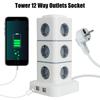 Tower 12 Way Outlets Socket Multi Power Strip Vertical 5V 3.1A EU Plug 2.8m Extension Cord with 4 USB Overload Protector Switch