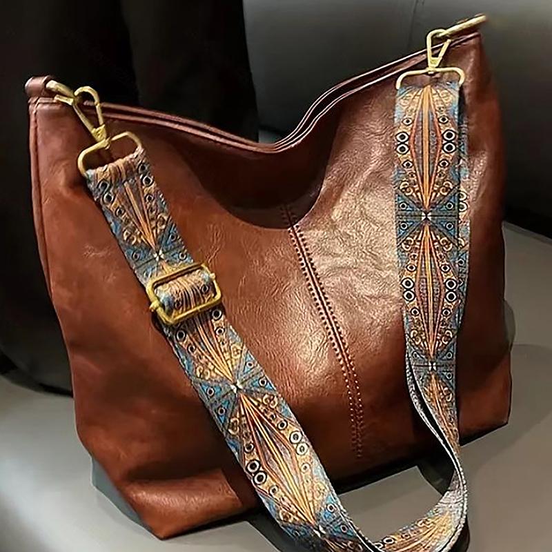 Vintage Solid Color Women Shoulder Sling Bag High-Capacity Simple Wide Strap Bucket Crossbody Bag