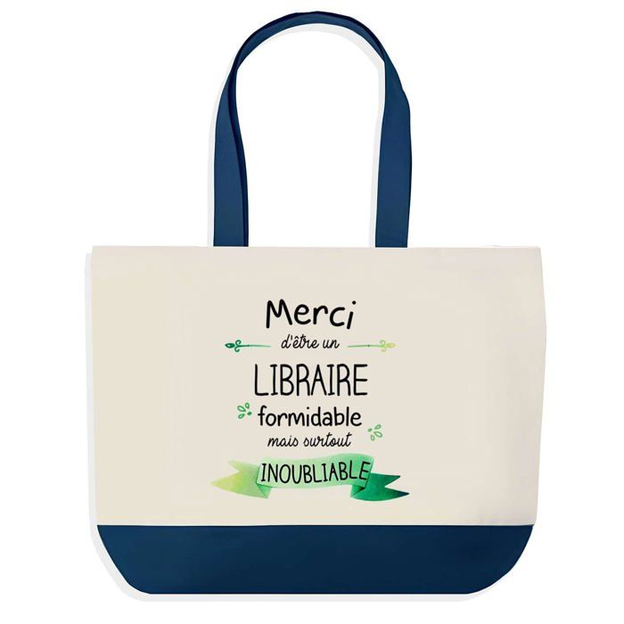 Tote bag - PLANETEE - Sac shopping fond bleu Merci Libraire Inoubliable - Coton 40x45 cm - Sans fermeture - Fabriqué en France