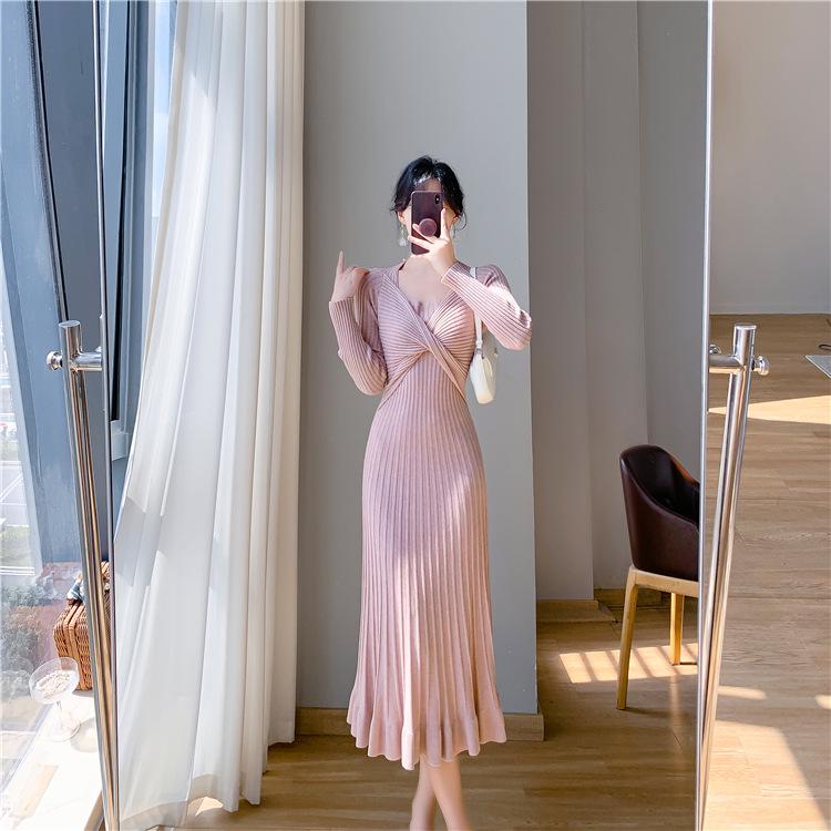 Корейское шерстяное вязаное платье «рыбий хвост» - Женское осенне-зимнее длинное выше колена облегающее базовое платье