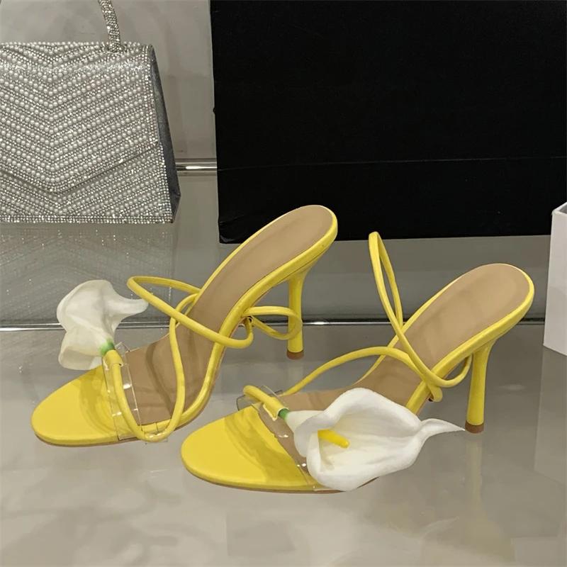 Fashion Sexy PVC Transparent Flower Narrow Band Women Sandals Street Style Open Toe Thin High Heels Party Prom Shoes