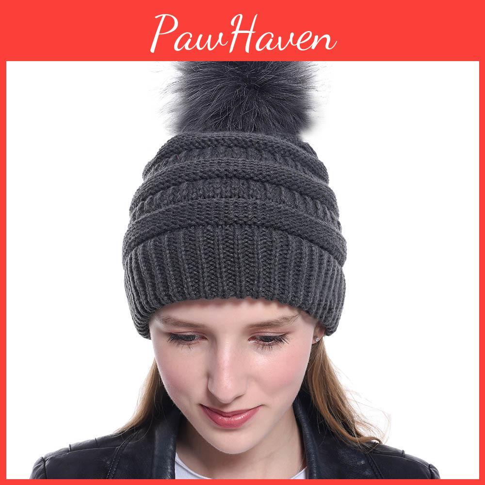 Faux Winter Women Autumn Fur Fox Ball Solid Color Twist Knitted Hat